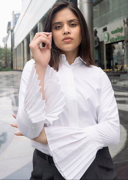 Pleated cuff detail women's white shirt — elevated formalwear — Twelve
