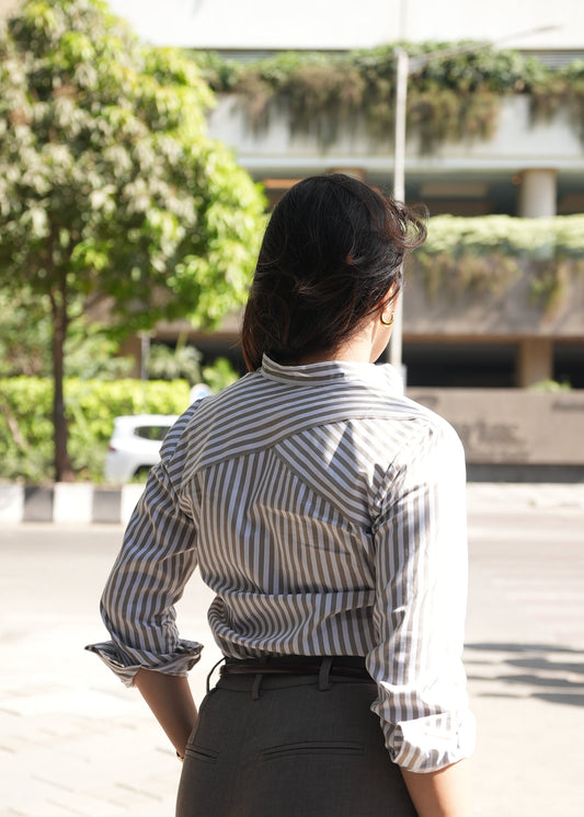 Cross-back panel directional stripe detail — women's formal shirt — Twelve