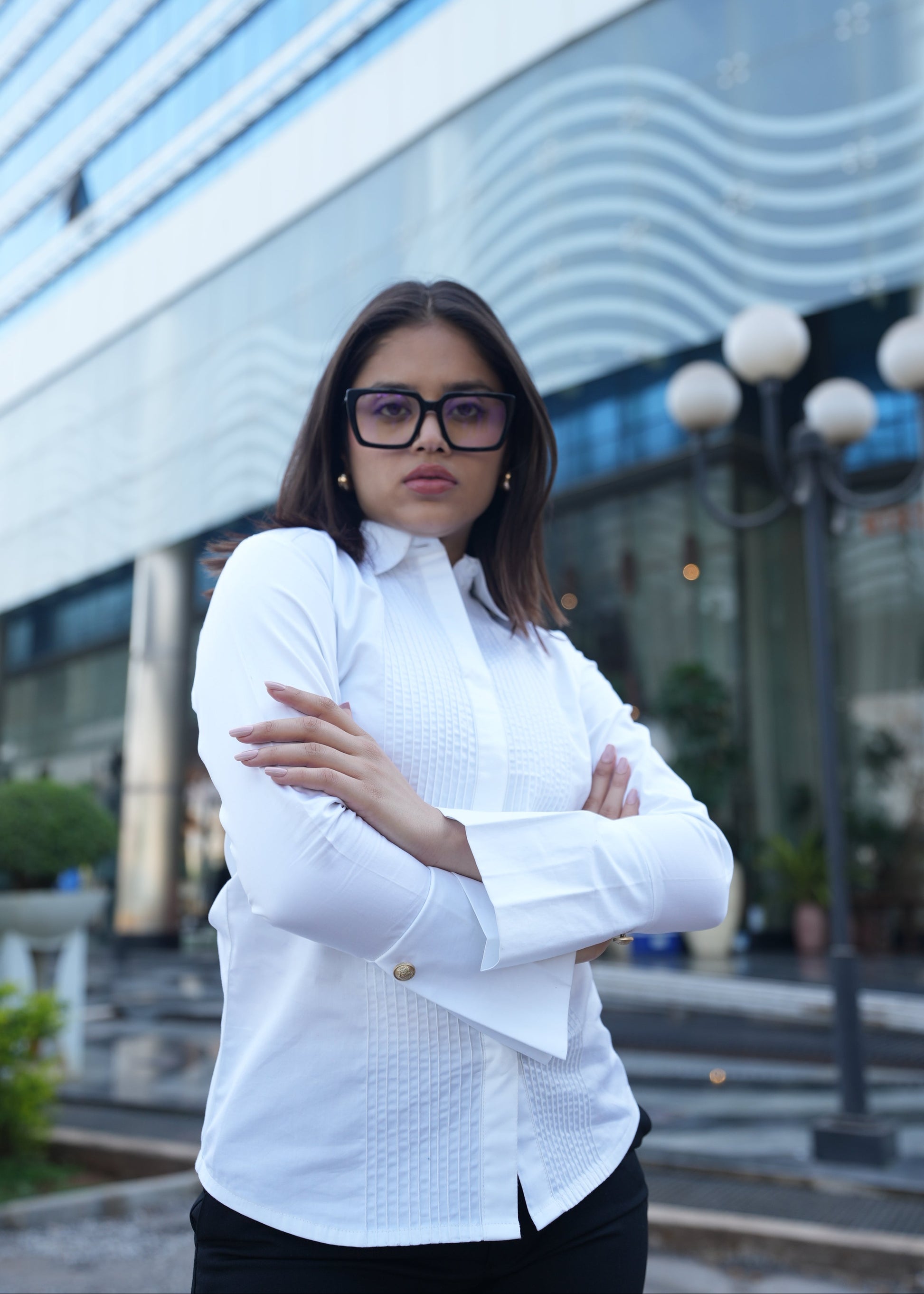 Elevated white shirt women — elongated cuffs gold buttons — Twelve formalwear