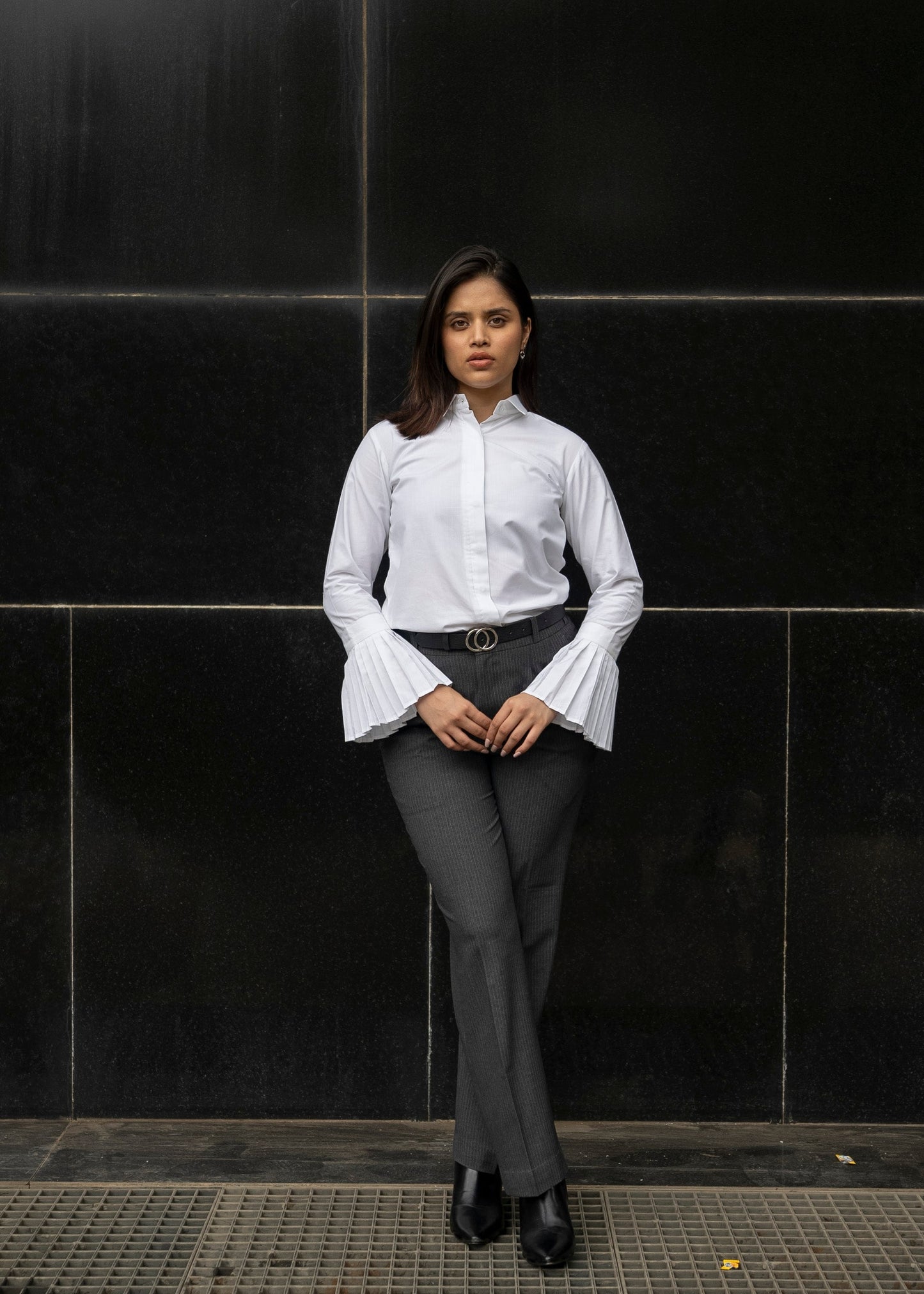White pleated cuff formal shirt women — full length styled — Twelve India