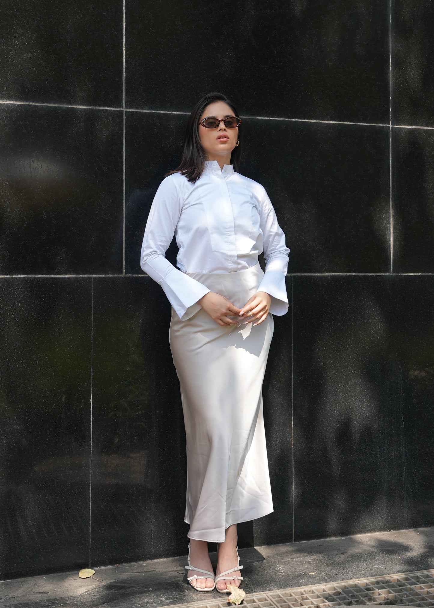 Structured white shirt women band collar — tailored silhouette — Twelve India