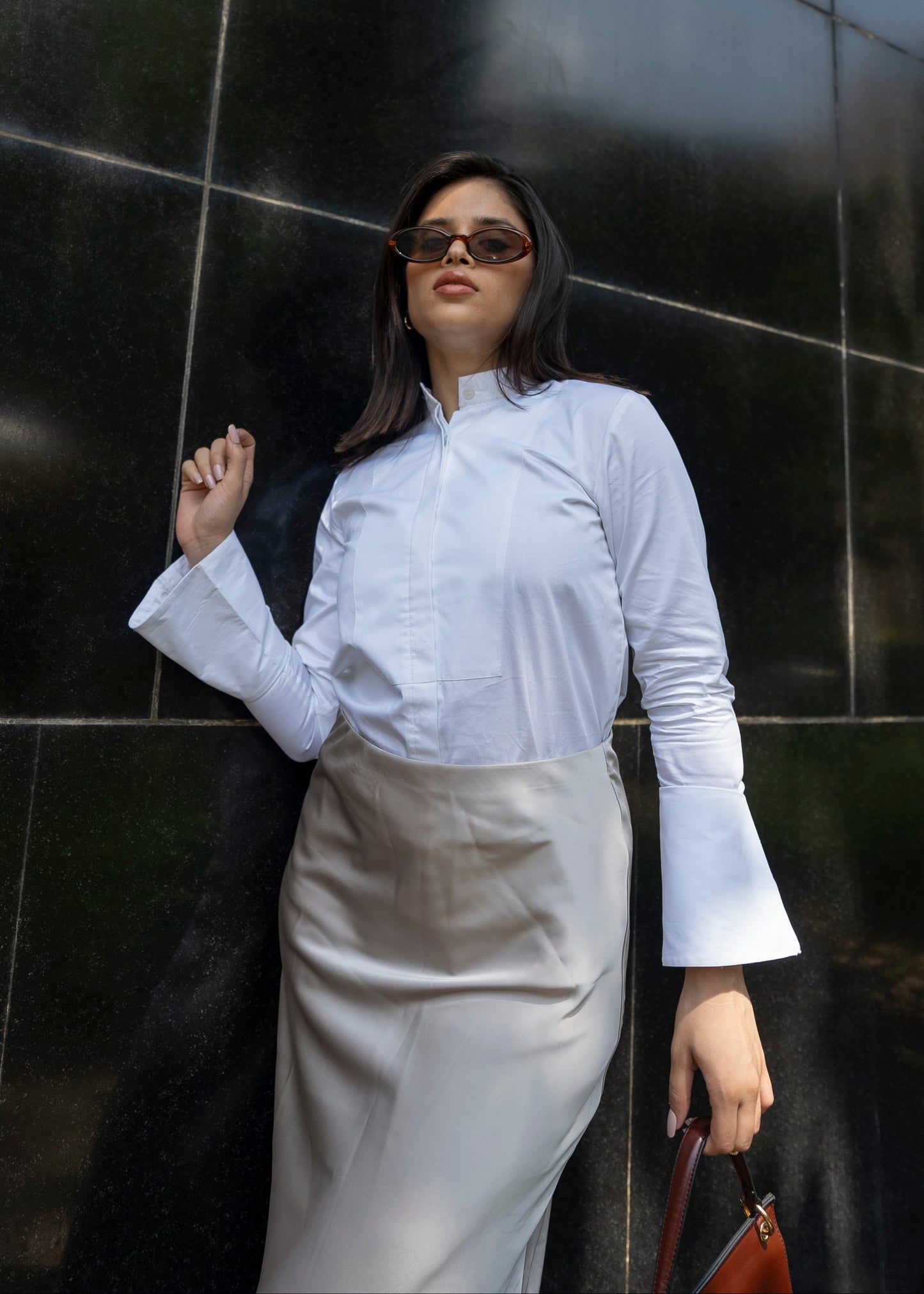 White bib front shirt band collar women — considered design — Twelve India