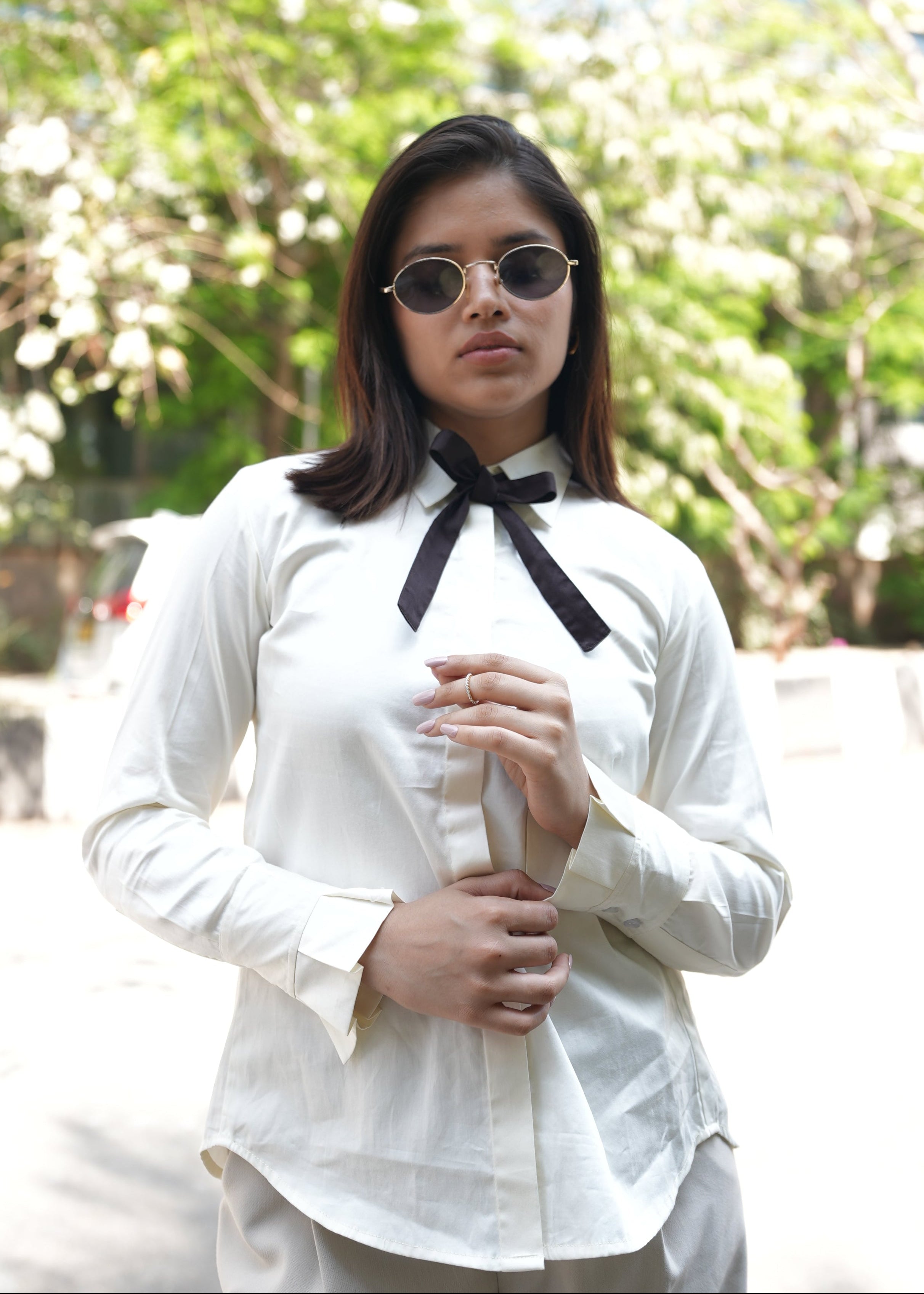 Cream formal shirt women — structured front concealed placket — Twelve India