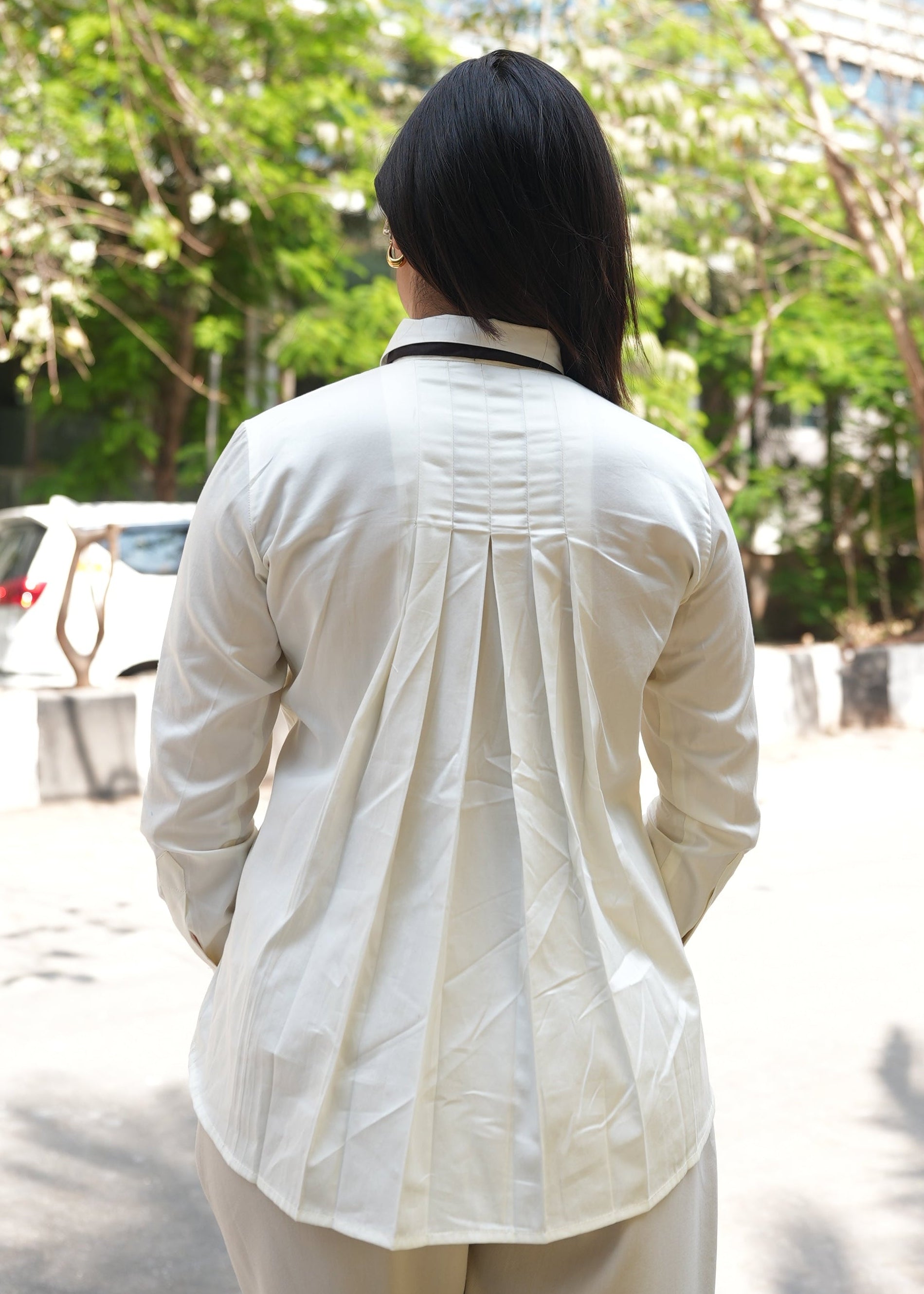 Back pleat construction cream shirt women — fluid movement detail — Twelve India