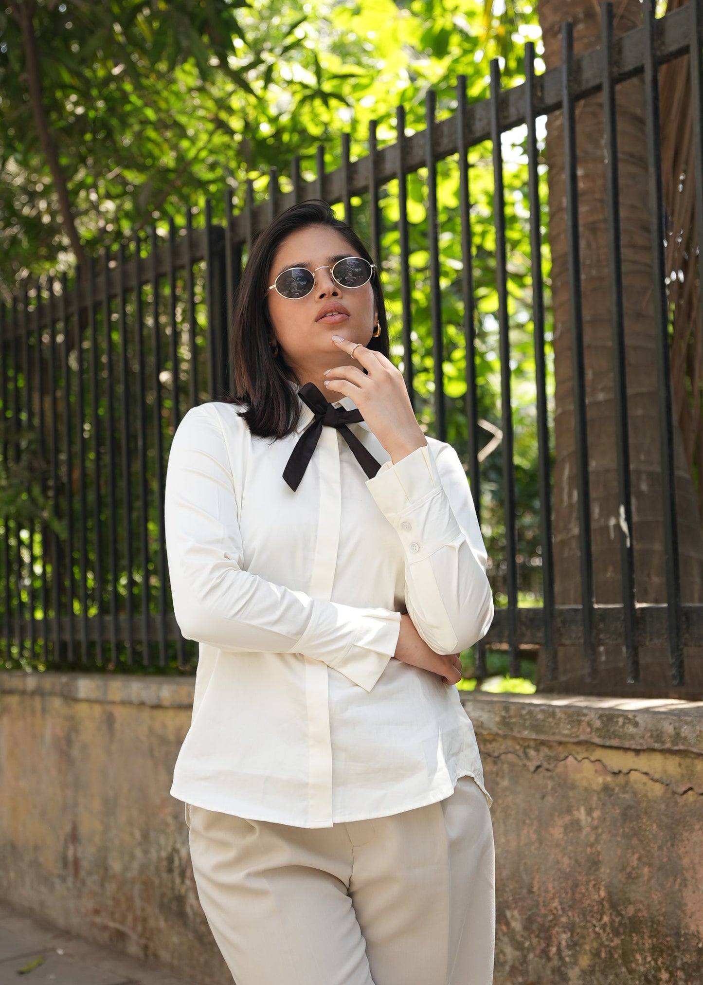 Structured cream shirt women India — pleated back tailored silhouette — Twelve