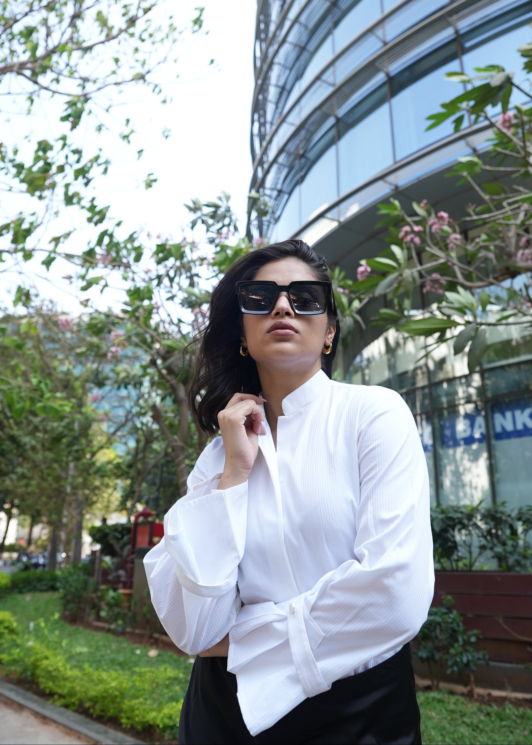 Women's white formal shirt India — pleated sleeve silhouette — Twelve formalwear