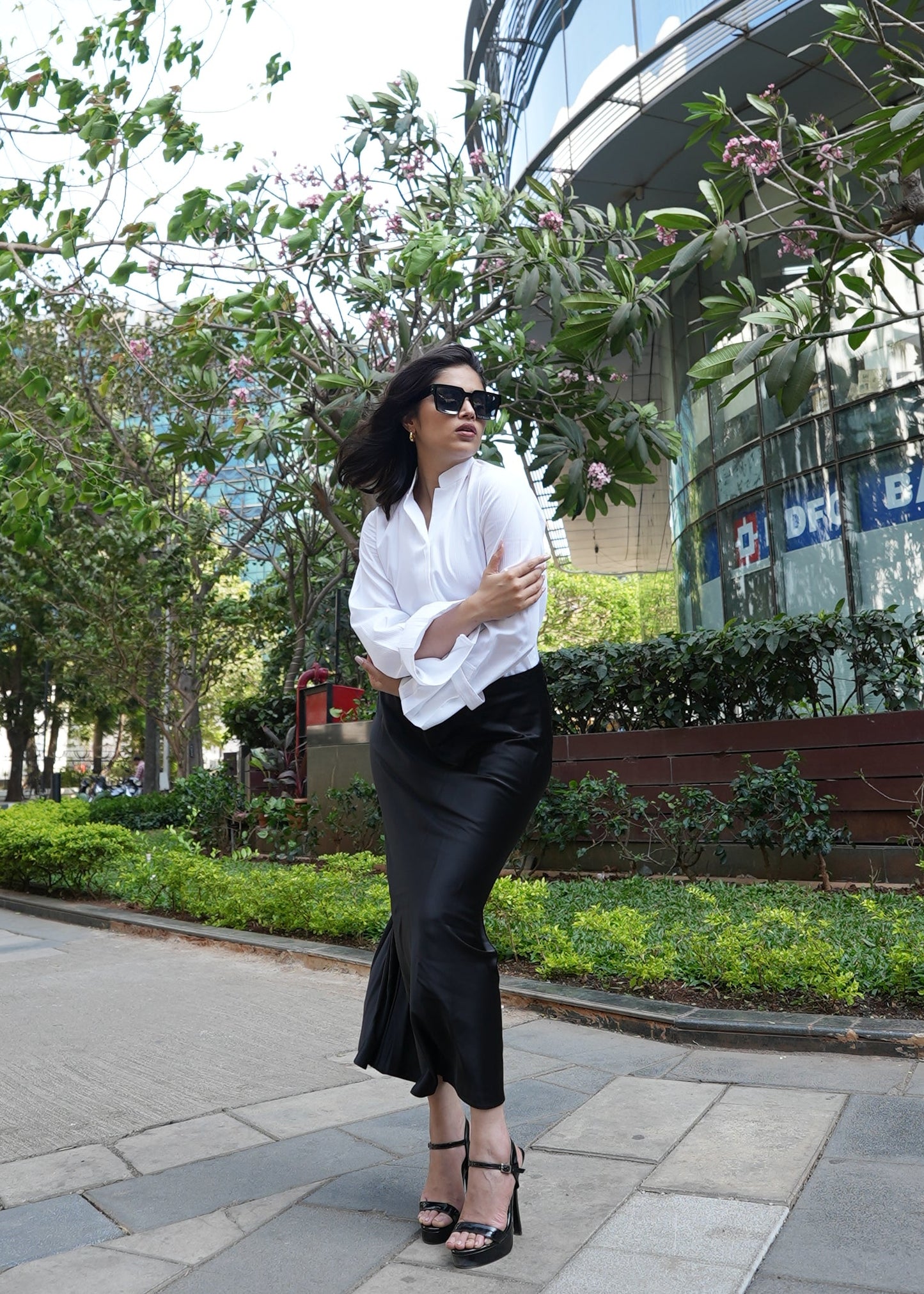 White pleated sleeve formal shirt women — styled with skirt — Twelve India