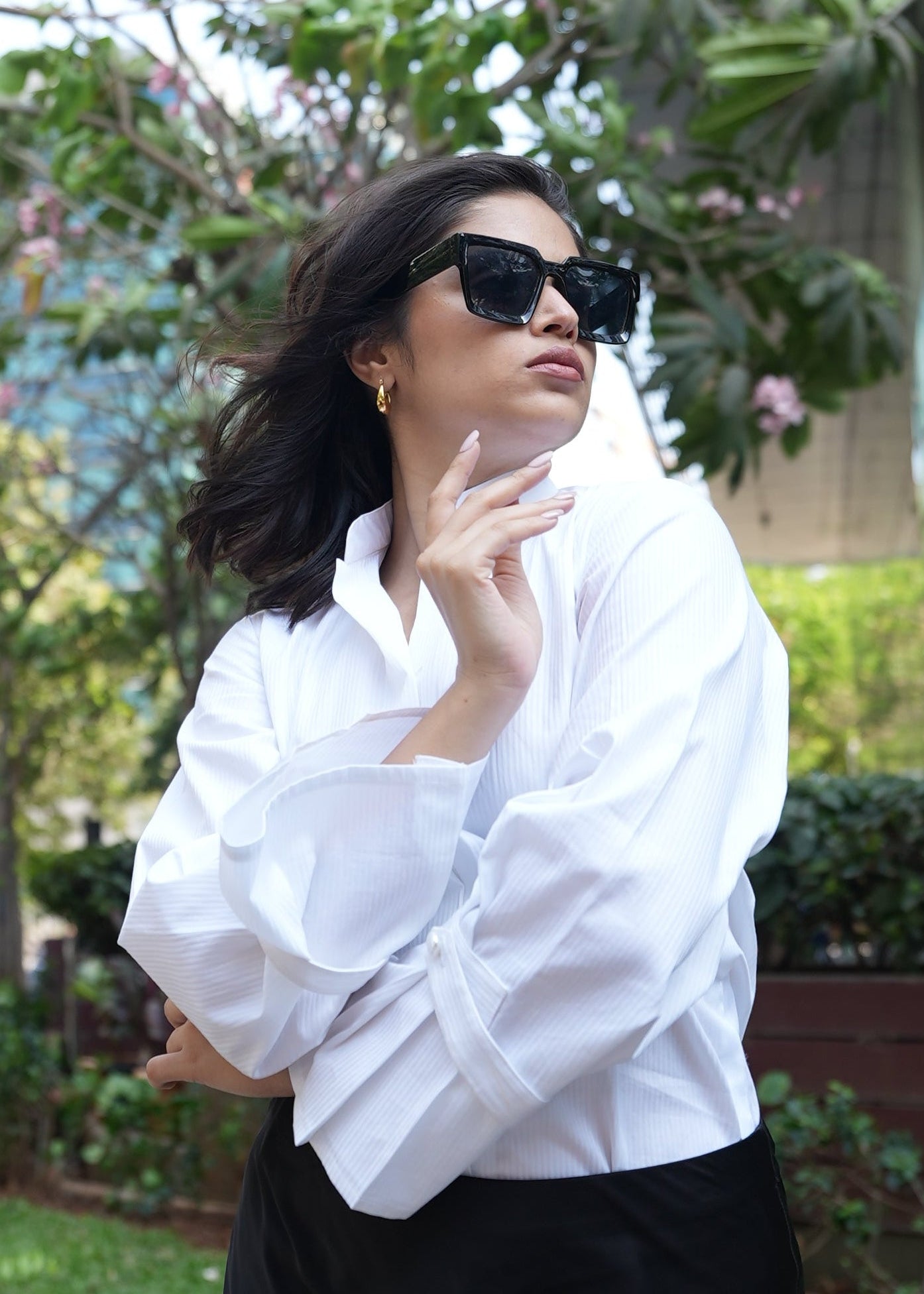 Pleated sleeve detail women's white shirt — Chinese collar — Twelve