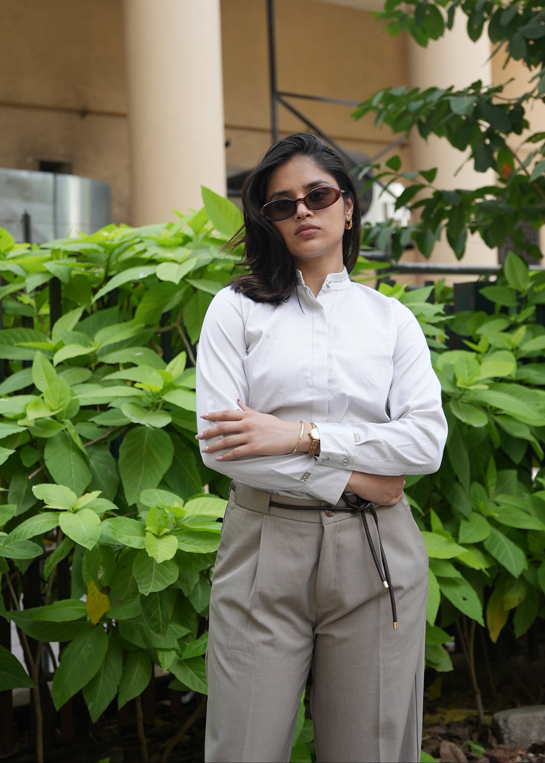 Beige stripe shirt women full length — XII embroidery detail — Twelve India