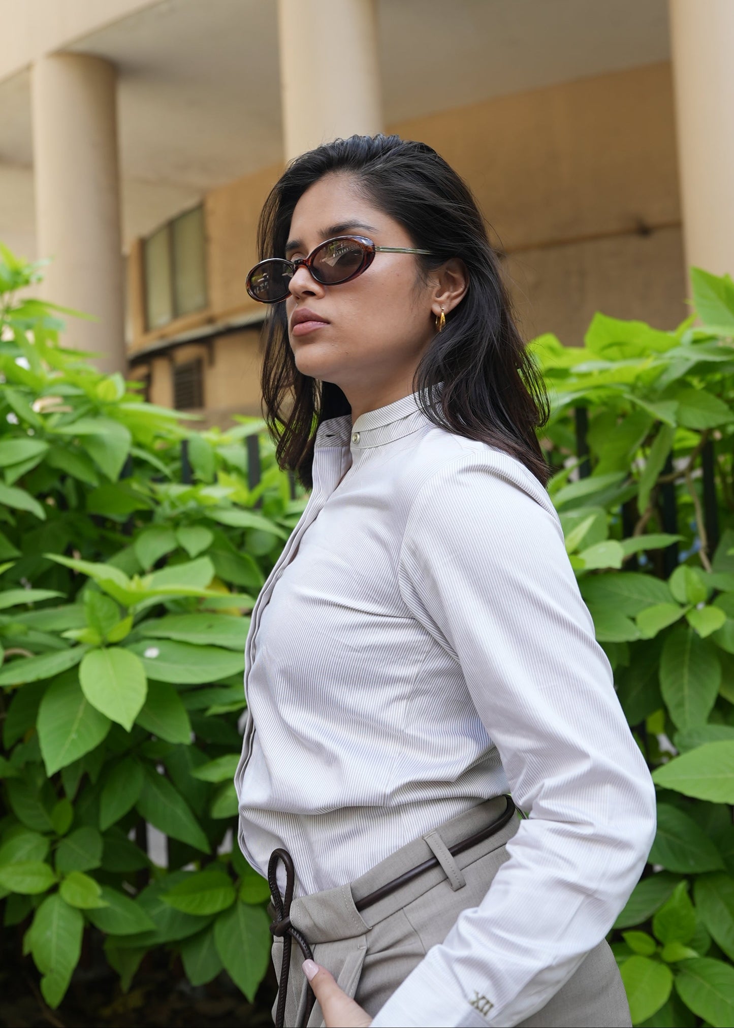 Fine stripe band collar shirt women — structured formalwear — Twelve