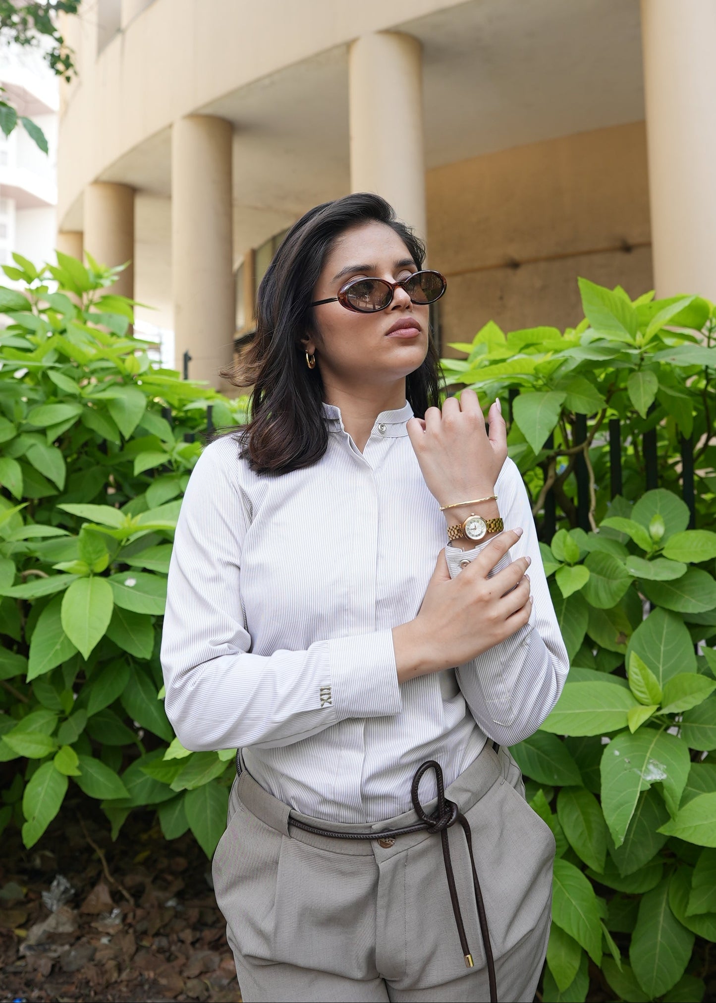 Women's beige striped shirt band collar — elevated Indian formalwear — Twelve