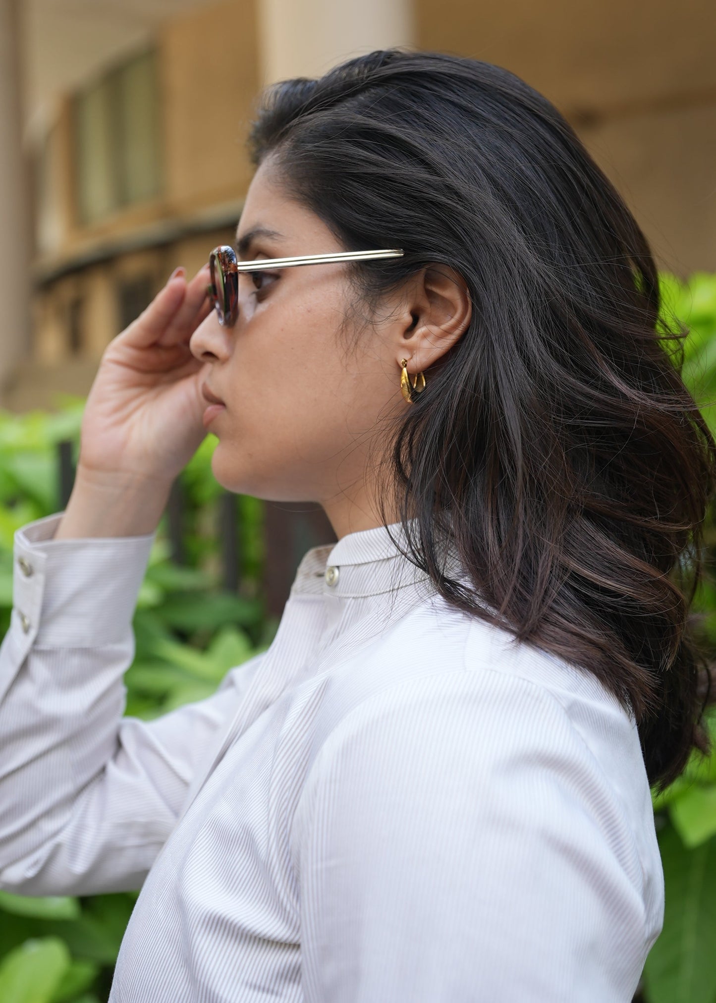 Striped women's formal shirt India — minimal band collar — Twelve