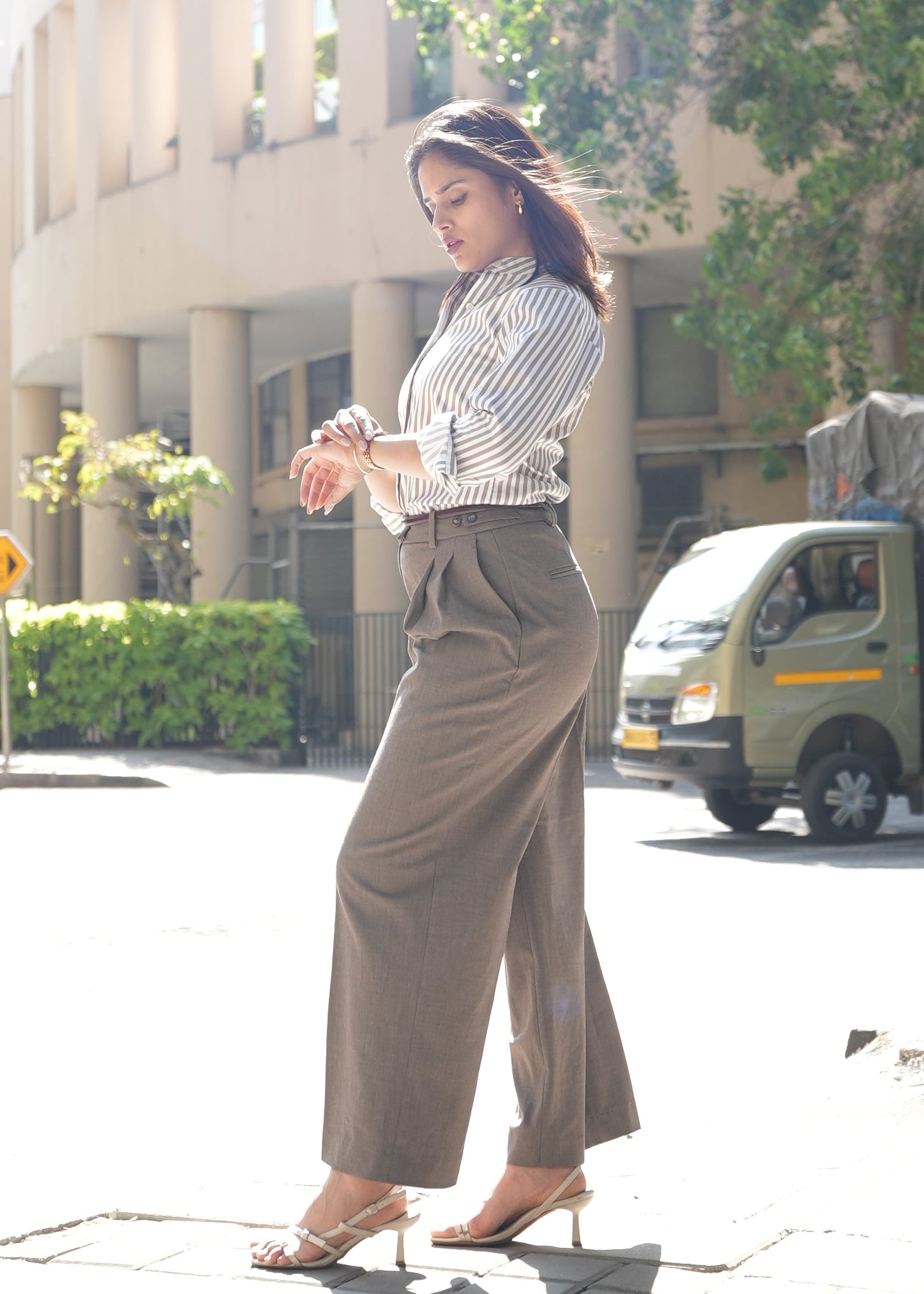 Brown stripe formal shirt women full length — Twelve formalwear India