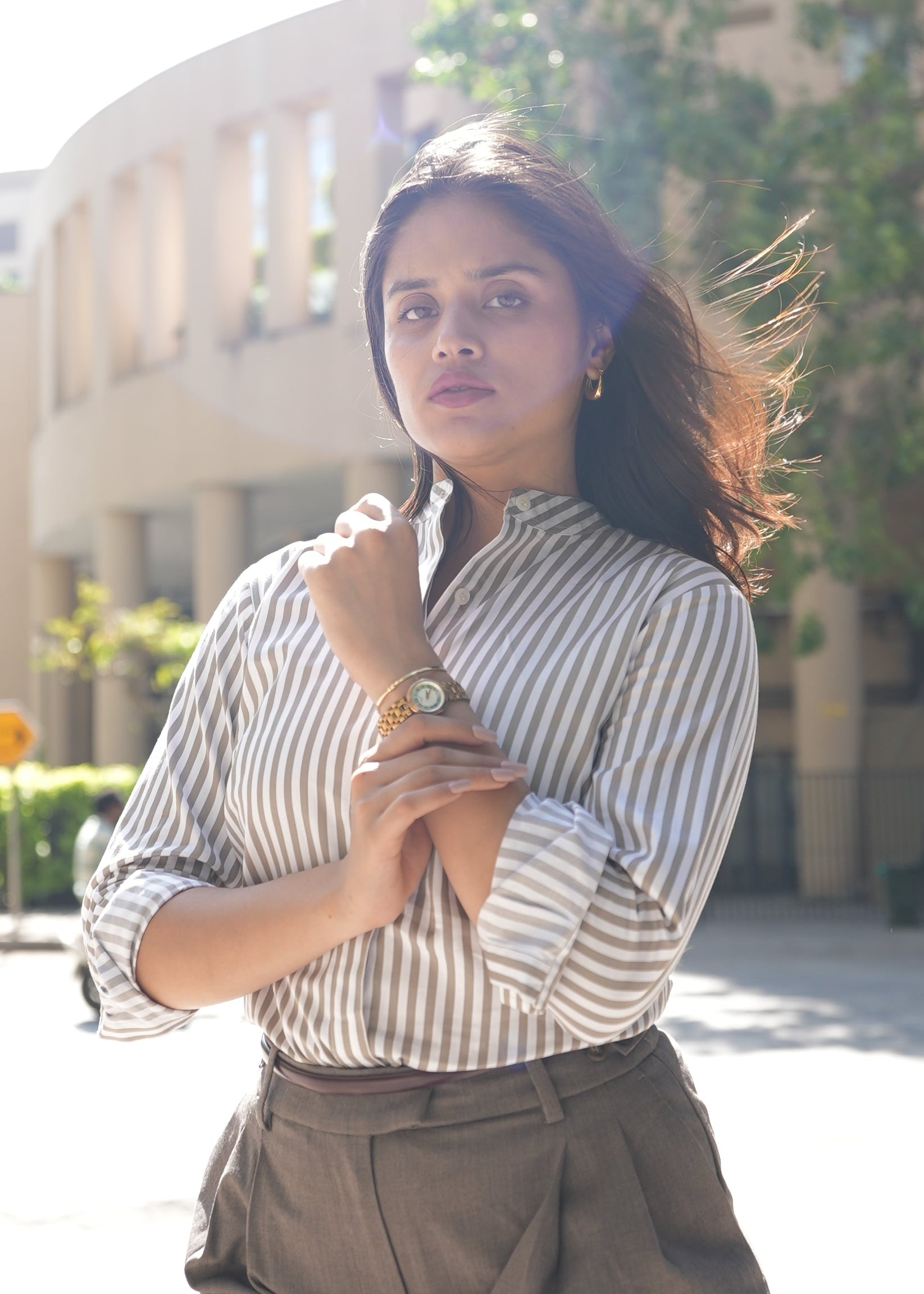 Striped women's elevated formalwear India — structured shirt — Twelve