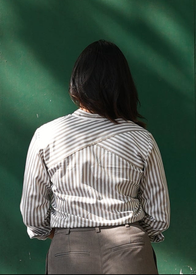 Stripe play cross-back construction women's shirt — considered design — Twelve