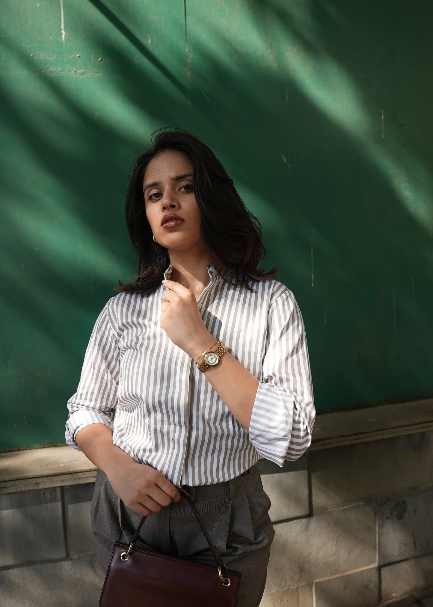 Brown cream striped formal shirt women — band collar — Twelve India