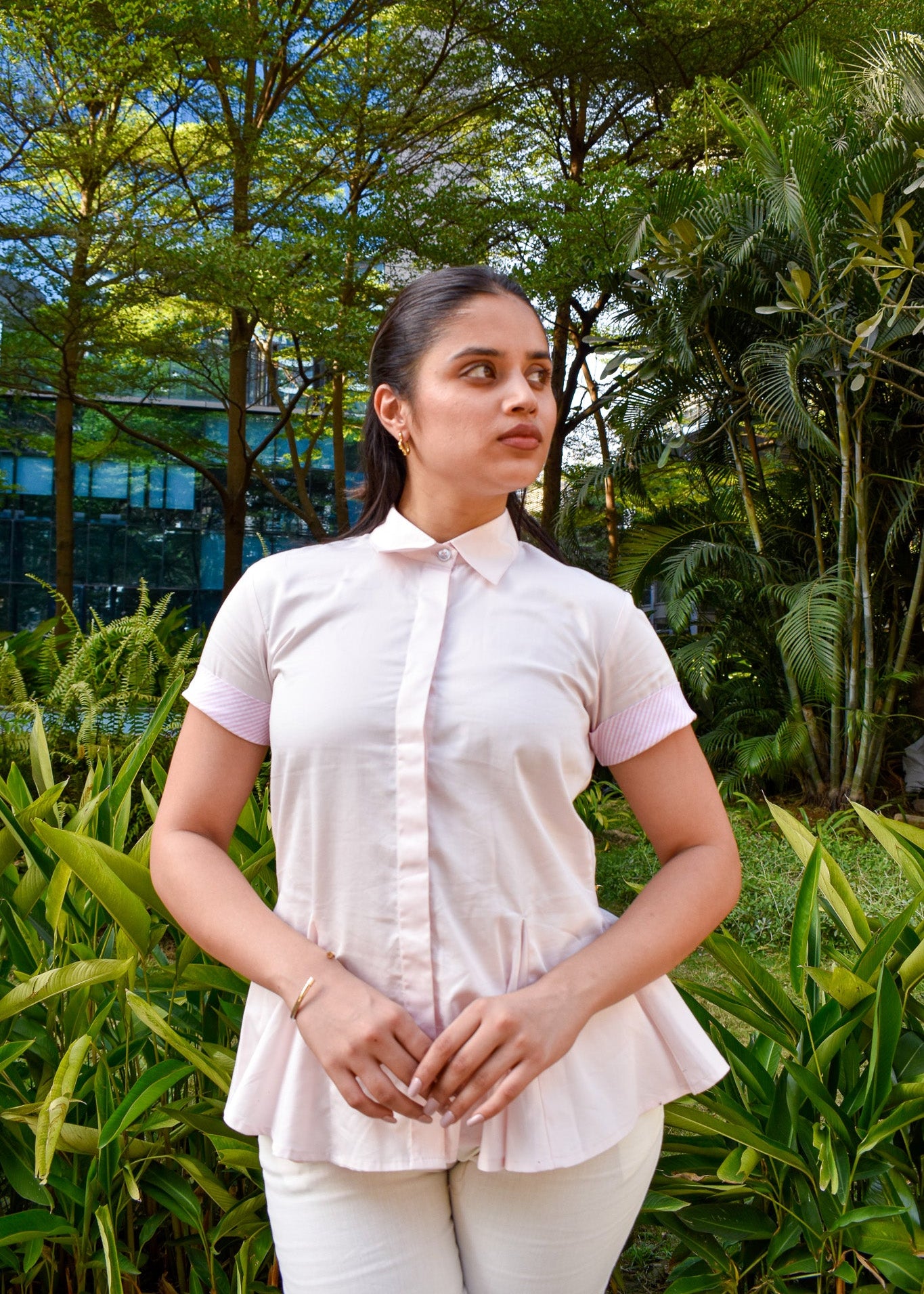Structured peplum shirt concealed placket — women's formal shirt India — Twelve