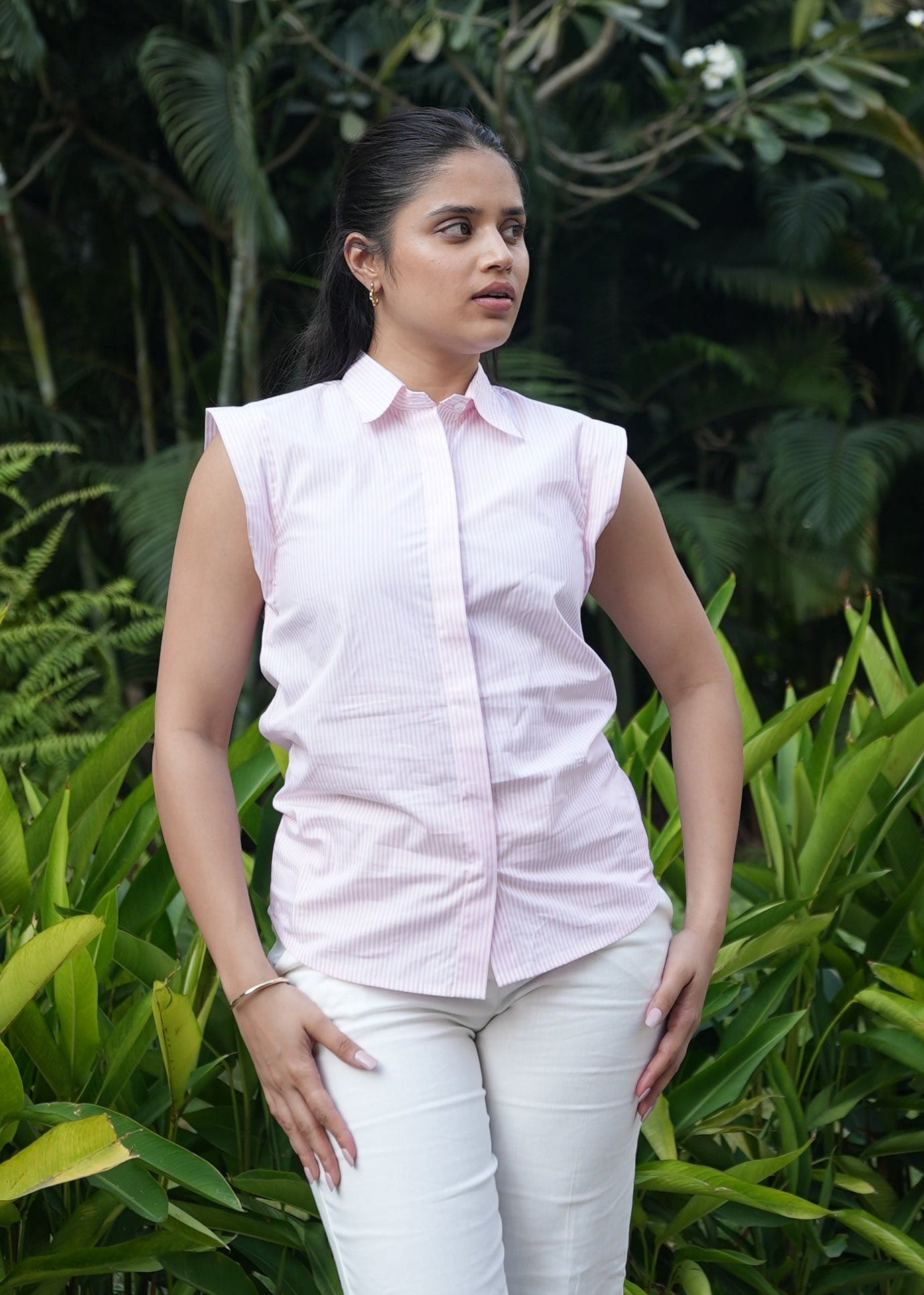 Pink white stripe sleeveless shirt women — structured minimal — Twelve