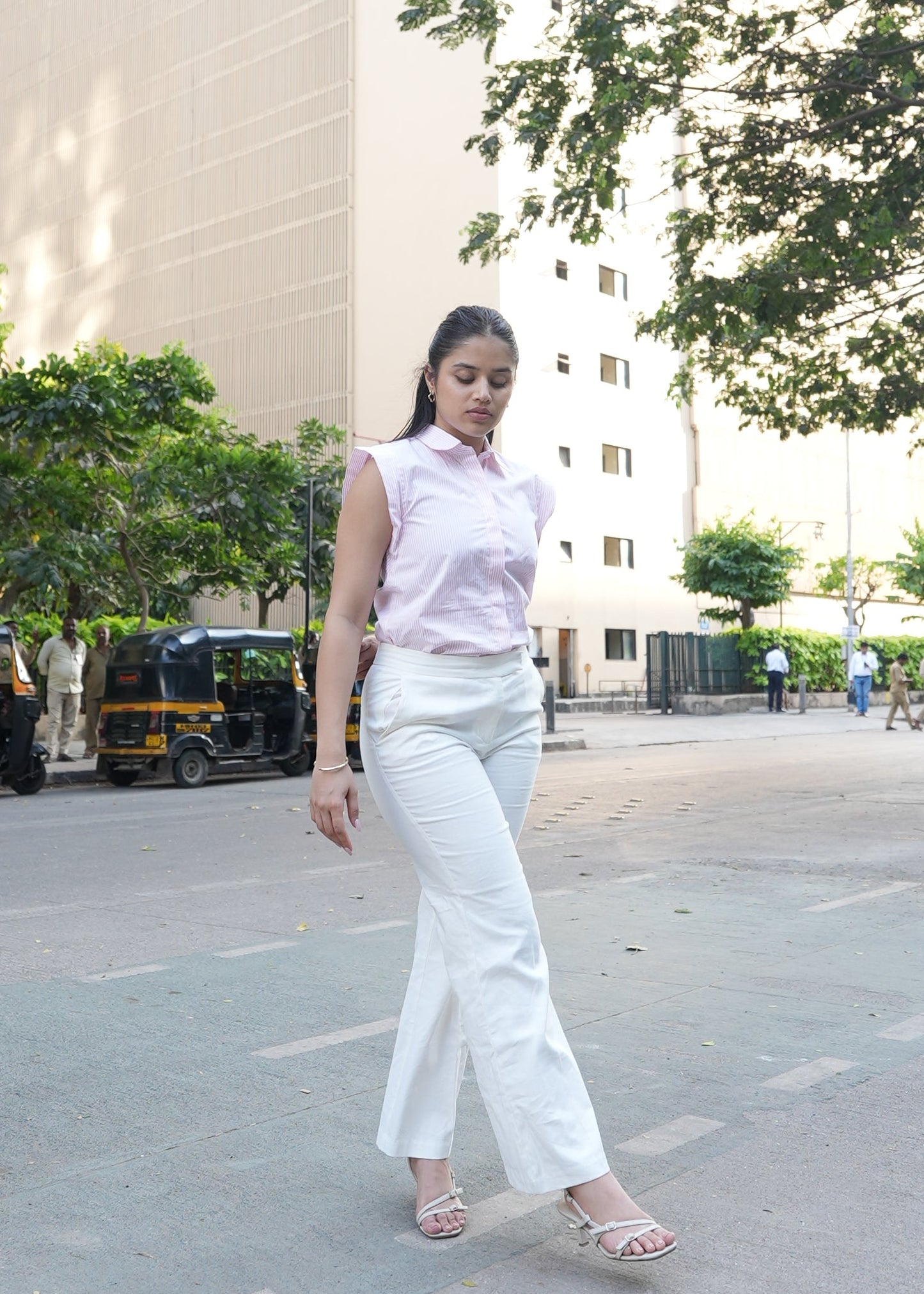 Pink striped sleeveless formal shirt women — full length styled — Twelve India