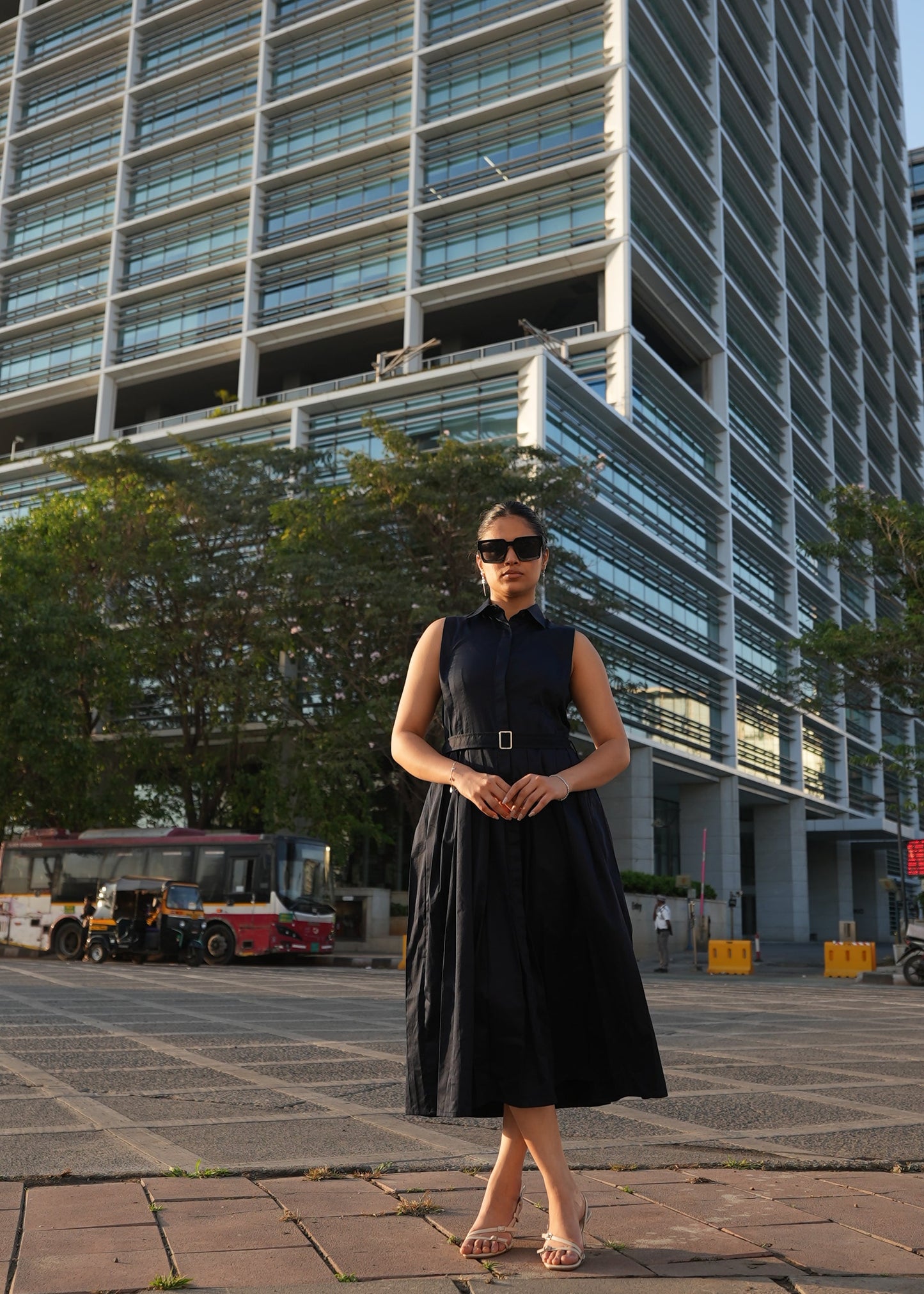 Navy pleated shirt dress women — belted structured silhouette — Twelve India