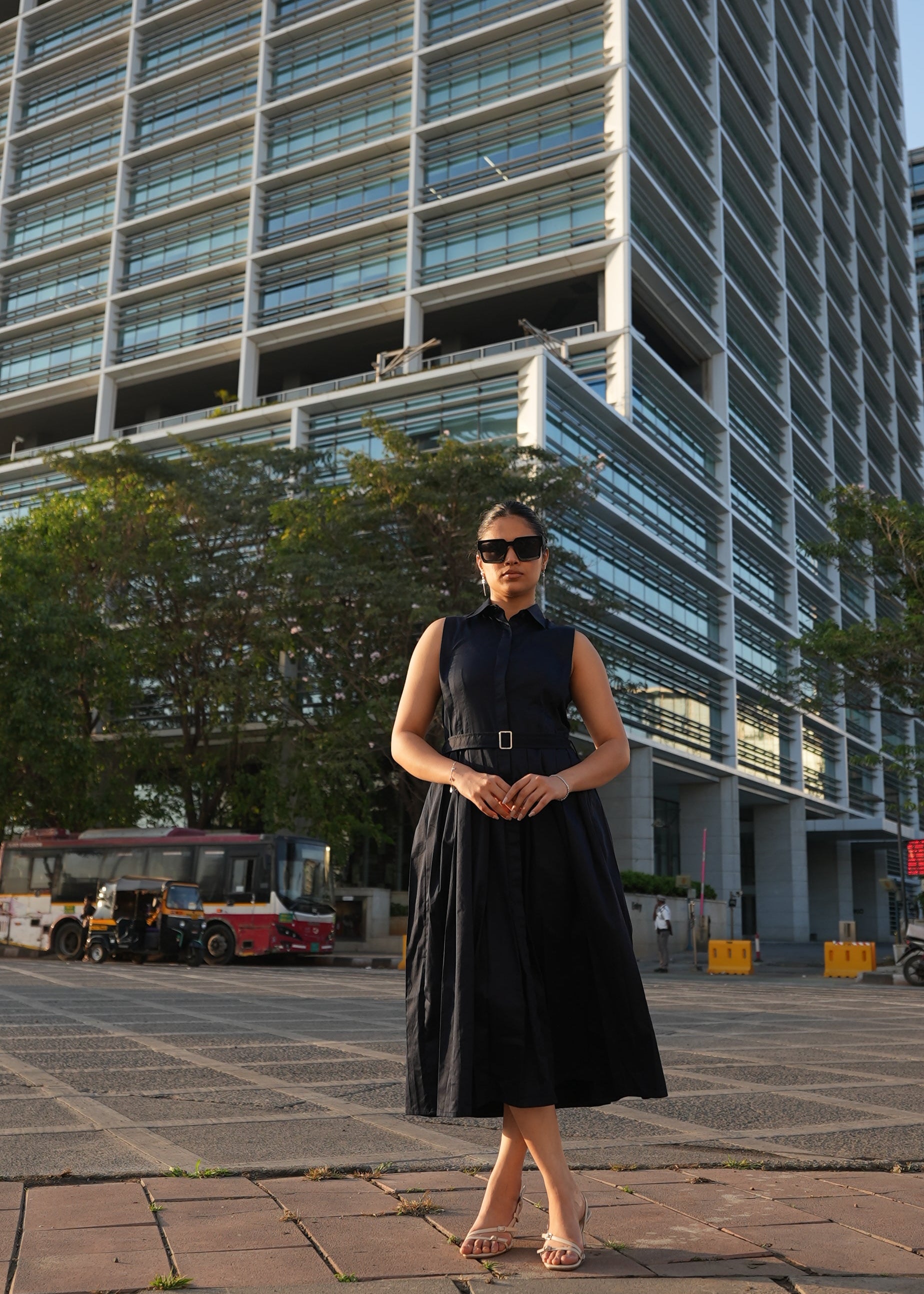 Navy pleated shirt dress women — belted structured silhouette — Twelve India