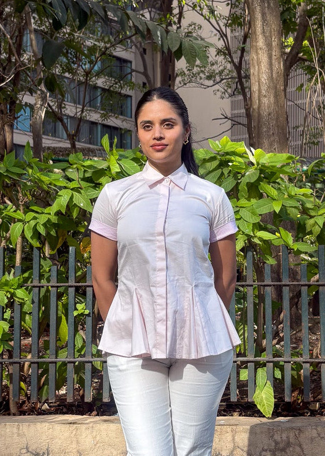 Baby pink peplum formal shirt women — cinched waist structured — Twelve India