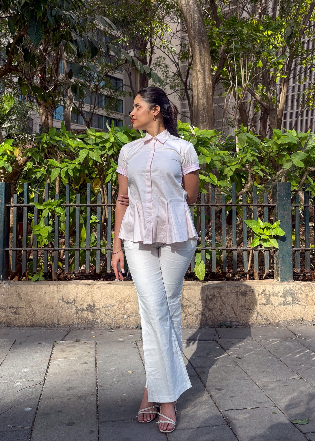 Pink peplum shirt women full length — structured silhouette — Twelve India