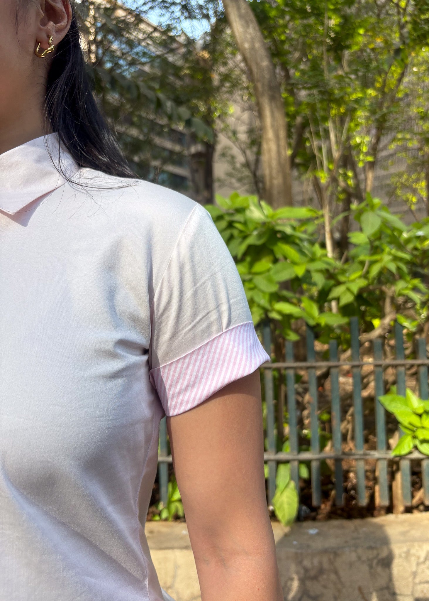 Stripe detail sleeve and collar — baby pink women's shirt — Twelve formalwear