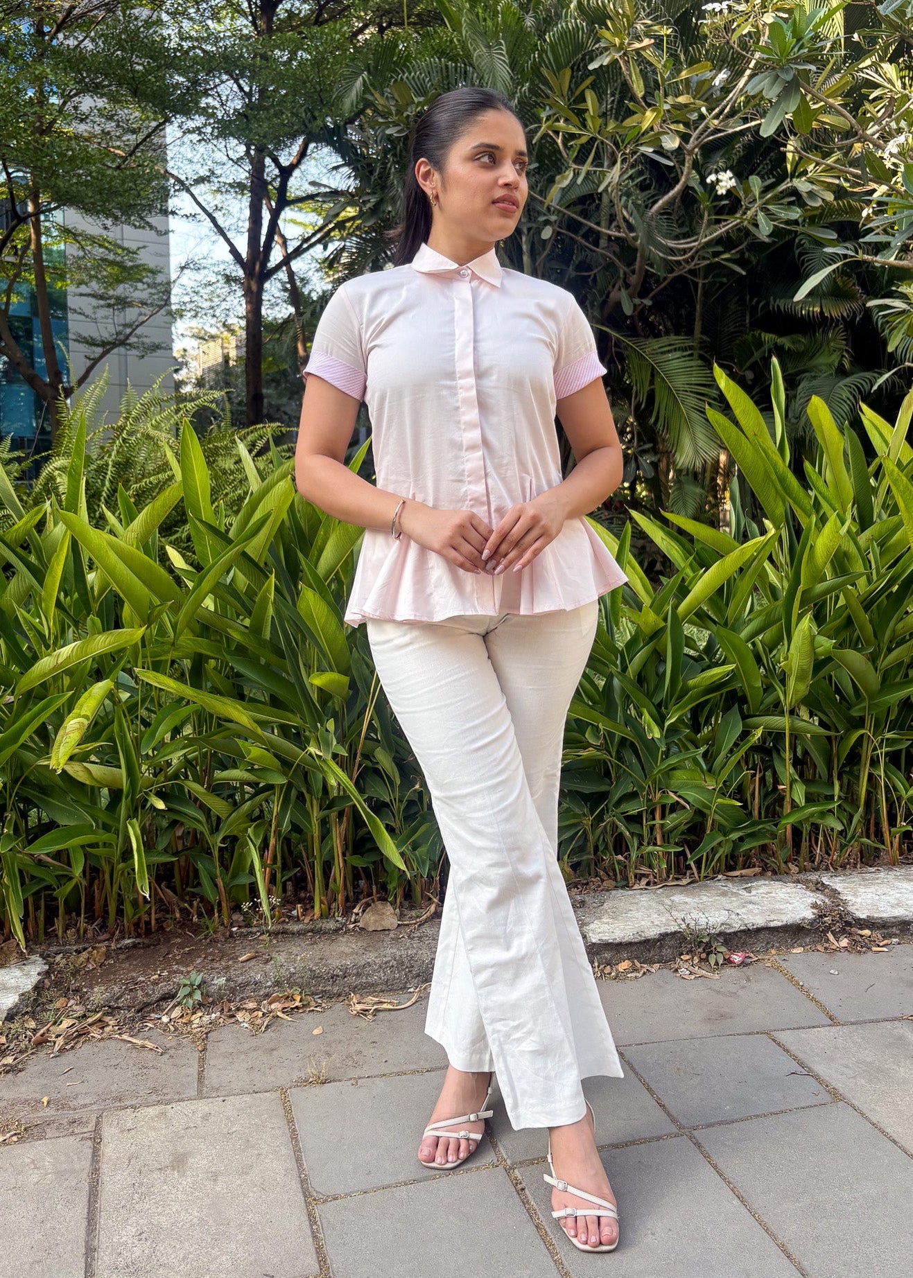 Baby pink peplum formal shirt India — defined waist flared hem — Twelve